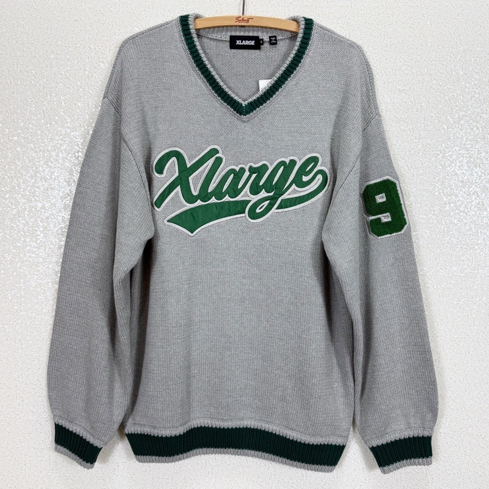 XLARGE Varsity Knit Sweater Grey Green Logo Patch V-Neck Streetwear Size M